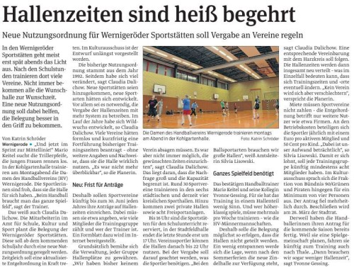 Zeitungsbericht über Hallennutzung in Wernigerode